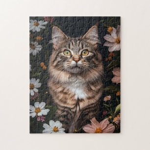 Maine Coon Cat Surrounded by Flowers Jigsaw Puzzle