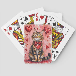Maine Coon Cat Valentine Sitting with Hearts Red Playing Cards