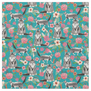 maine coon cat vintage florals turquoise fabric
