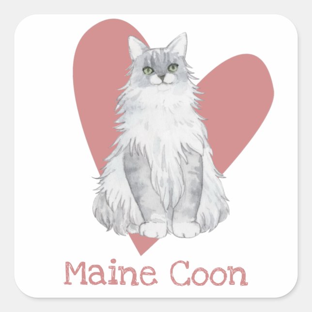 Maine Coon Cat Watercolor Kitty Pink Heart Square Sticker (Front)