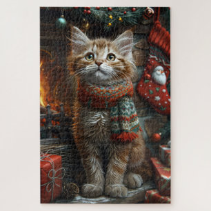 Maine Coon Cat With Christmas Gifts Fireplace Jigsaw Puzzle