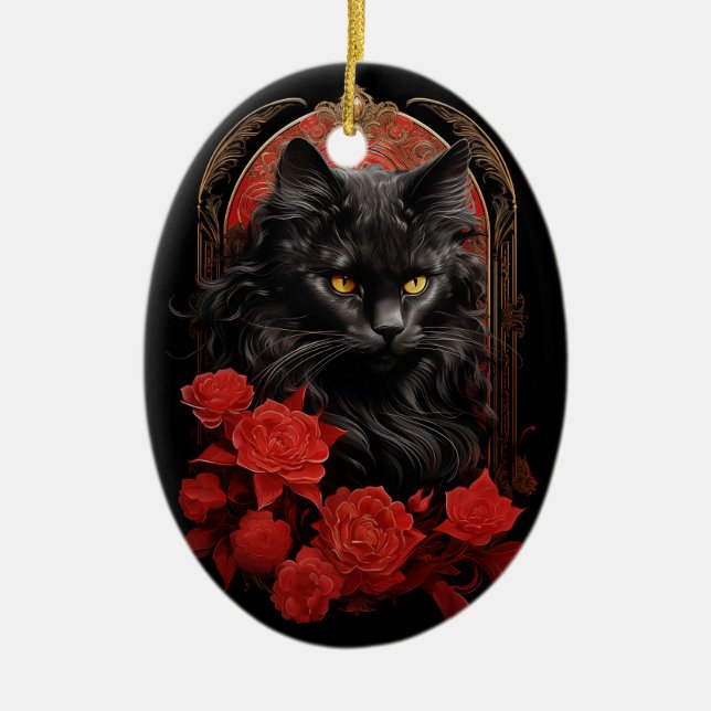 Maine Coon cat with flowers Ceramic Ornament (Front)
