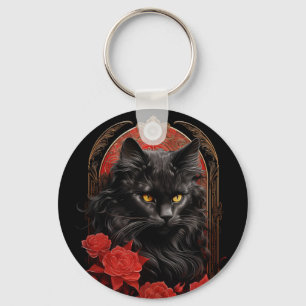 Maine Coon cat with flowers Keychain