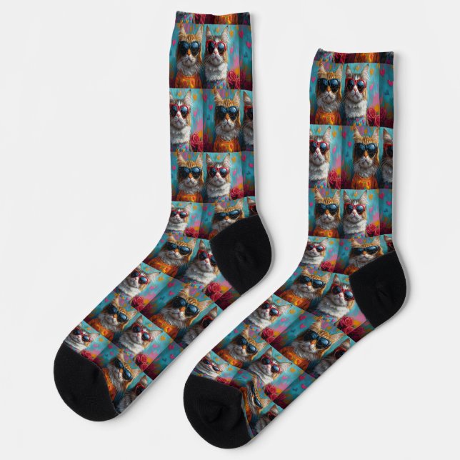 Maine Coon Cat with Heart Roses Valentine's Day Socks (Left)