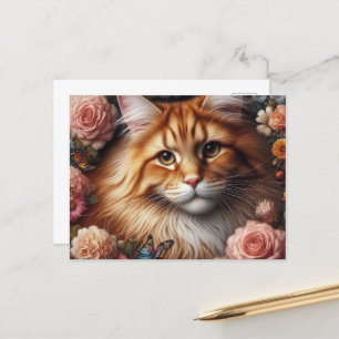 Maine Coon Cat with Pink Flowers Postcard