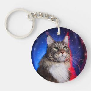 Maine Coon Cat With Red White Blue Aura And Stars Keychain