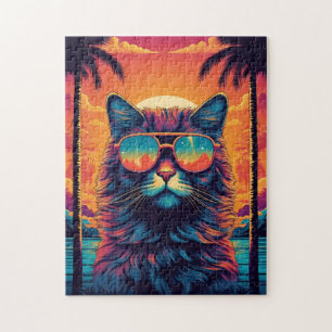 Maine Coon cat with sunglasses at the beach Jigsaw Puzzle