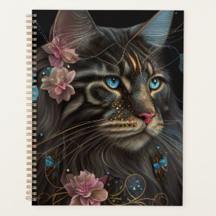 Maine Coon chat avec papillon et fleurs IA art