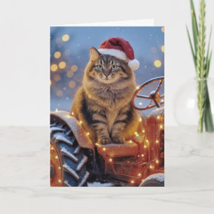 Maine Coon Christmas Cat On an Old Tractor Card