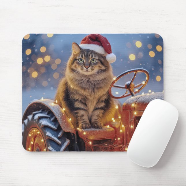 Maine Coon Christmas Cat On an Old Tractor Mouse Pad (With Mouse)