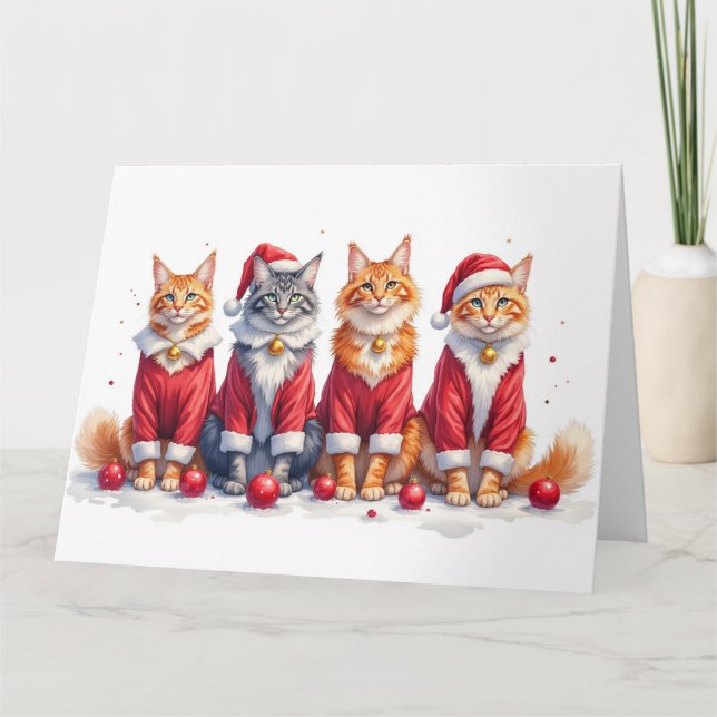 Maine Coon Christmas Dress Santa Hat Card (Front)