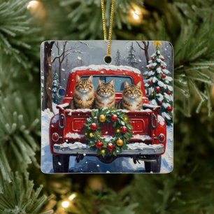 Maine Coon Christmas Red Truck Holiday Ceramic Ornament