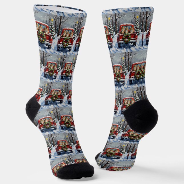 Maine Coon Christmas Red Truck Holiday Socks (Angled)