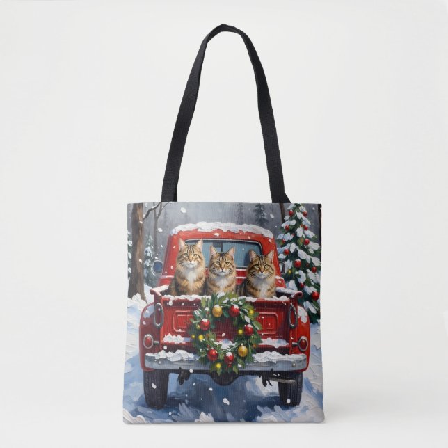 Maine Coon Christmas Red Truck Holiday Tote Bag (Front)