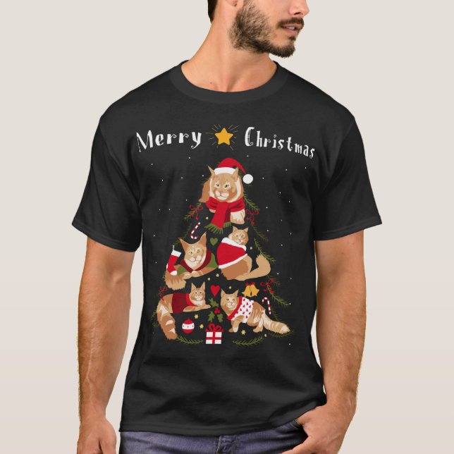 Maine Coon Christmas Tree Xmas Cat Lover T-Shirt (Front)
