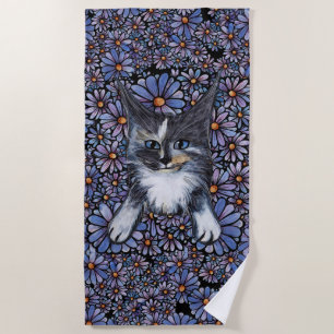 Maine Coon Dilute Calico Cat Purple Daisy Beach Towel