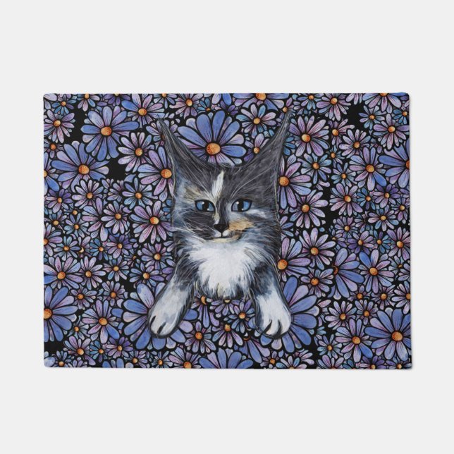 Maine Coon Dilute Calico Cat Purple Daisy          Doormat (Front)