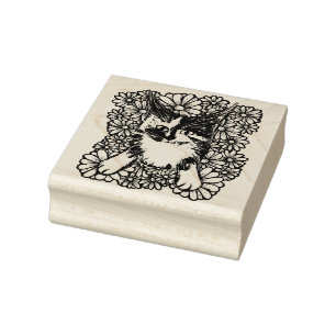 Maine Coon Dilute Calico Cat Purple Daisy Rubber Stamp