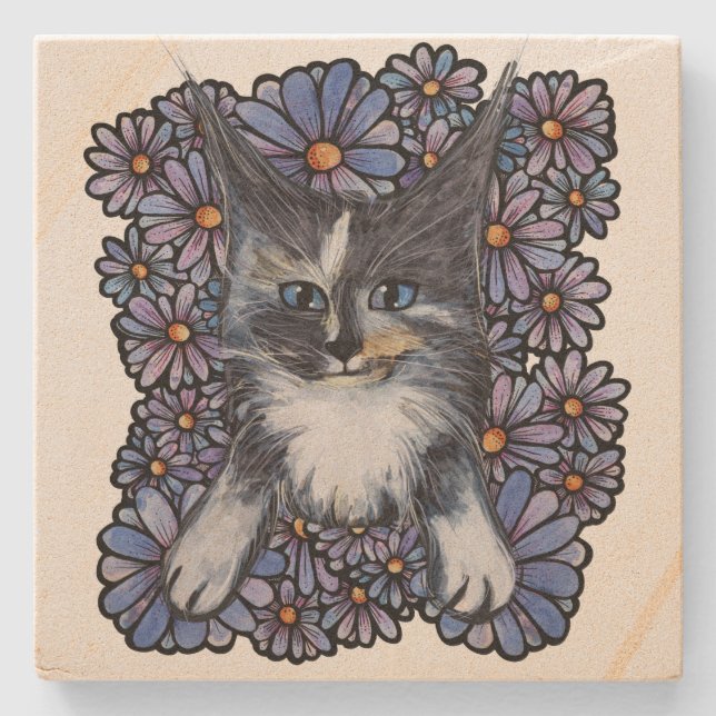Maine Coon Dilute Calico Cat Purple Daisy          Stone Coaster (Front)