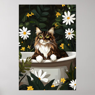 Maine Coon In Bathtub Poster, Funny Cat Poster