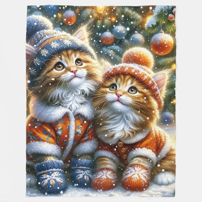 “Maine Coon Kittens’ First Christmas Snowfall" Fleece Blanket (Front)