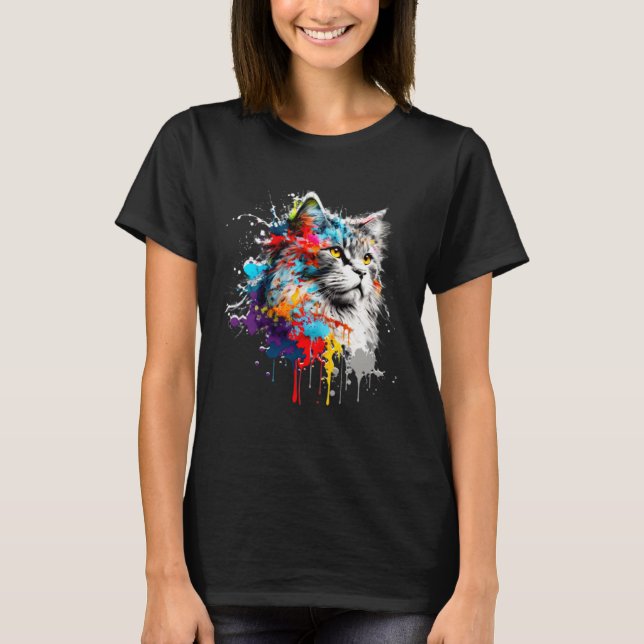 Maine Coon Paint Splatter Cat  Splatter Paint T-Shirt (Front)
