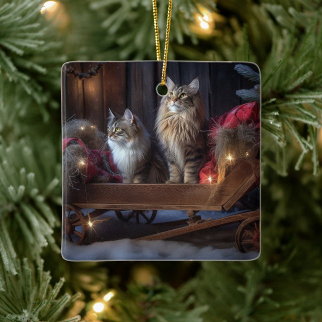 Maine Coon Snowy Sleigh Christmas Decor Ceramic Ornament (Tree)