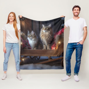 Maine Coon Snowy Sleigh Christmas Decor Fleece Blanket