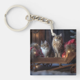 Maine Coon Snowy Sleigh Christmas Decor Keychain