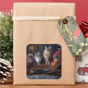 Maine Coon Snowy Sleigh Christmas Decor Square Sticker