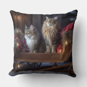 Maine Coon Snowy Sleigh Christmas Decor Throw Pillow