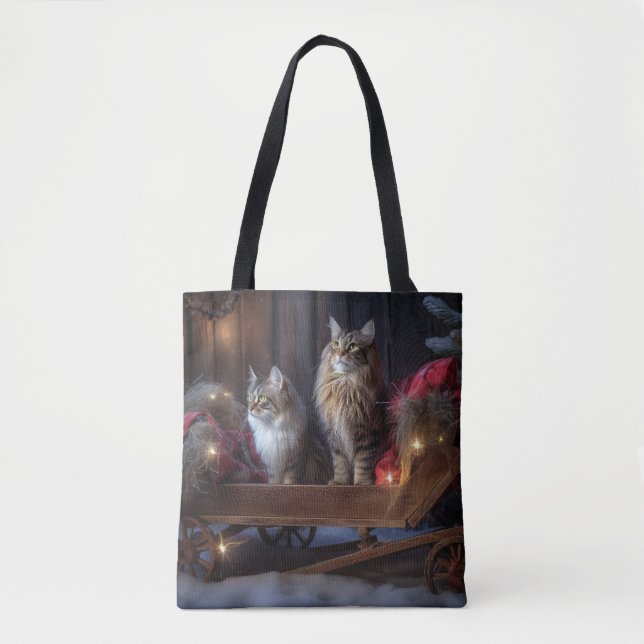 Maine Coon Snowy Sleigh Christmas Decor Tote Bag (Front)