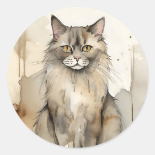 Maine Coon Watercolor Illustration Classic Round Sticker