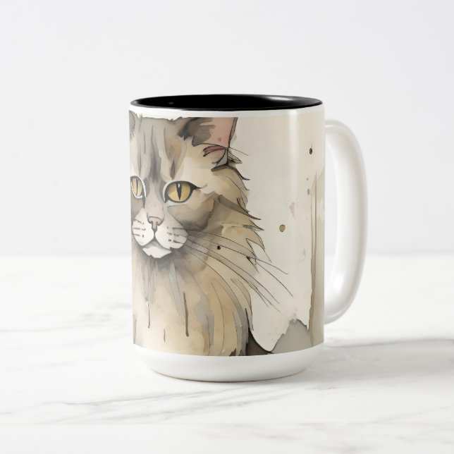 Maine Coon Watercolor Illustration Two-Tone Coffee Mug (Front Right)