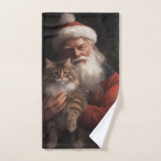 Maine Coon With Santa Claus Festive Christmas  Bath Towel Set (Hand Towel)