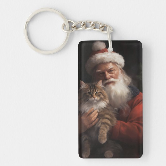 Maine Coon With Santa Claus Festive Christmas  Keychain (Front)