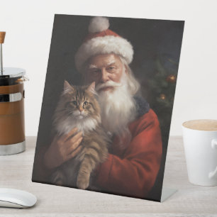 Maine Coon With Santa Claus Festive Christmas  Pedestal Sign