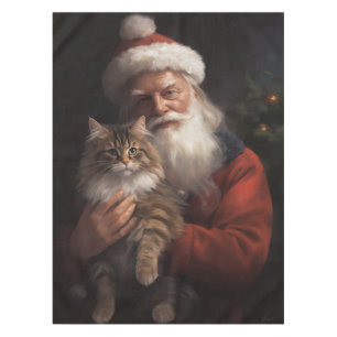 Maine Coon With Santa Claus Festive Christmas Tablecloth