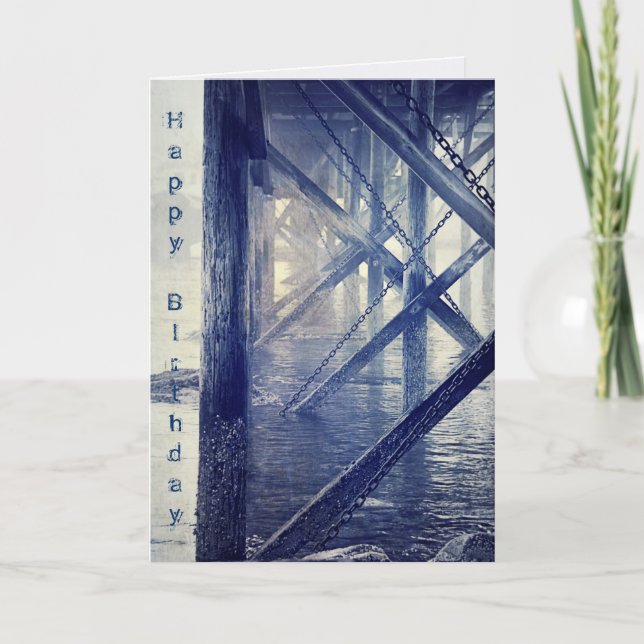 Maine Harbour Docks Rustic Blue Birthday Card (Front)