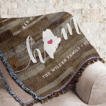 Maine Home State Personalized Rustic Wood Look Throw Blanket<br><div class="desc">Show some home state pride with this cute rustic faux wood plank throw blanket featuring "home" in white calligraphy script lettering with a silhouette map of the state of Maine standing in for the letter "O." A pink heart illustration inside the state map completes the design; you can change the...</div>