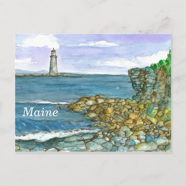 Maine Lighthouse Rocks Calm Ocean Postcard (Front)