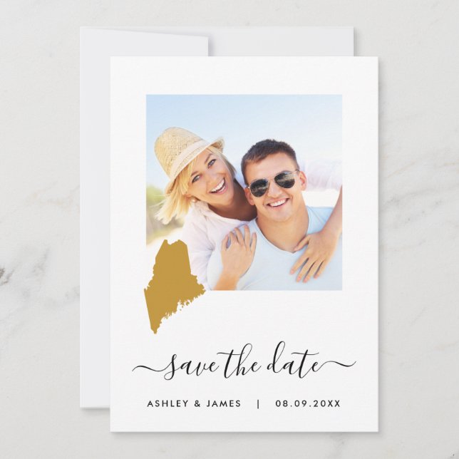 Maine Map Photo Wedding Save the Date Card (Front)