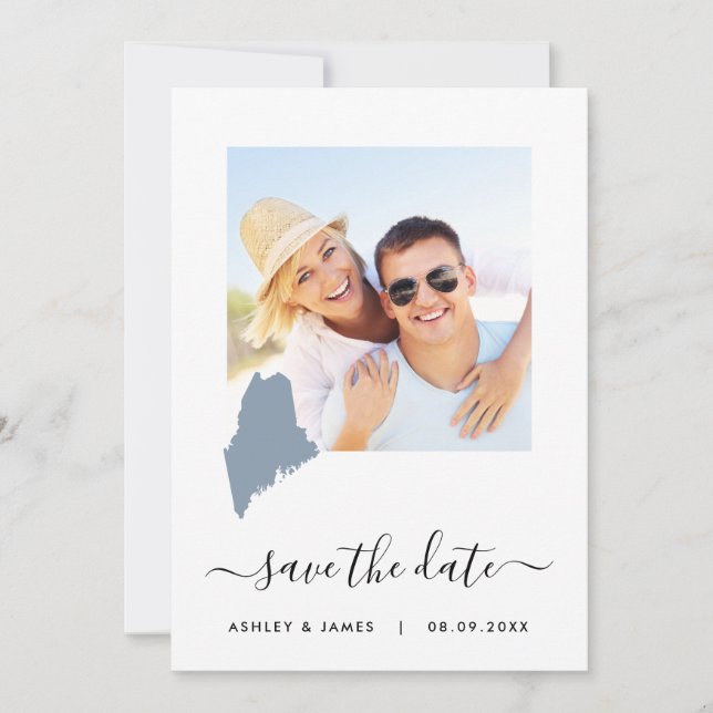 Maine Map Photo Wedding Save the Date Card Blue (Front)