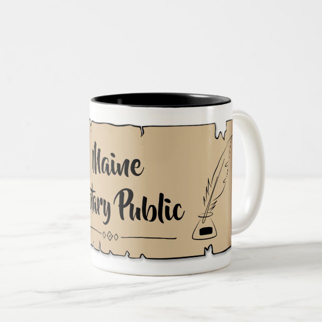 Maine Notary Public Scroll Feather Quill Two-Tone Coffee Mug (Front Right)