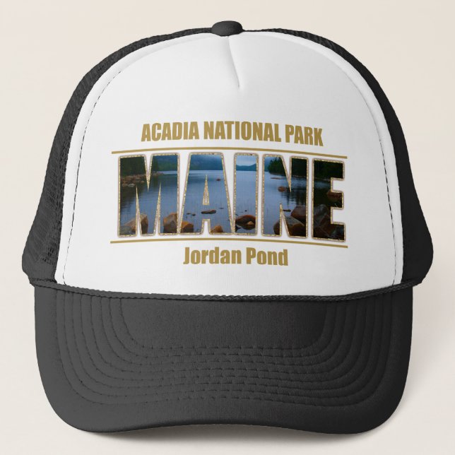 MAINE Picture Font Acadia National Park Trucker Hat (Front)