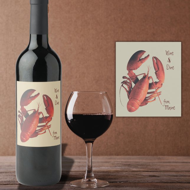 Maine Red Lobster Custom Wine Label (Such a  cute personalized wine bottle sticker "Wine & Dine, From Maine". Maine Lobster and wine. )