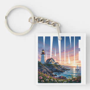 Maine Rocky Coast Lighthouse Ocean Adventure Keychain