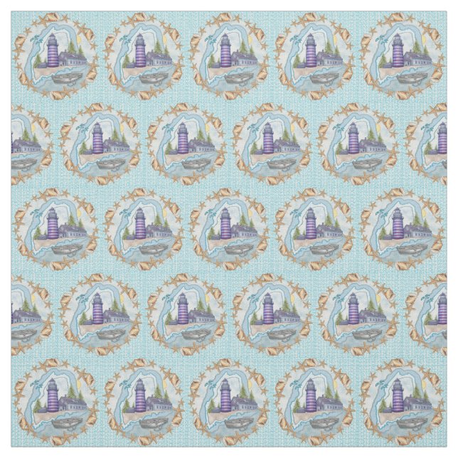 Maine Shells Lighthouse Fabric (Swatch)