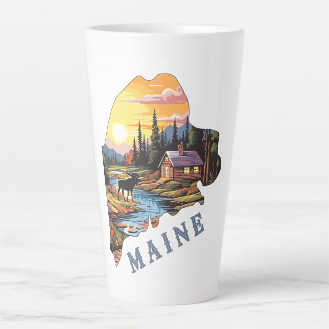 Maine State Outline Cabin Moose Latte Mug (Front)