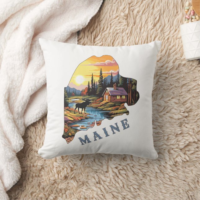 Maine State Outline Cabin Moose Throw Pillow (Blanket)